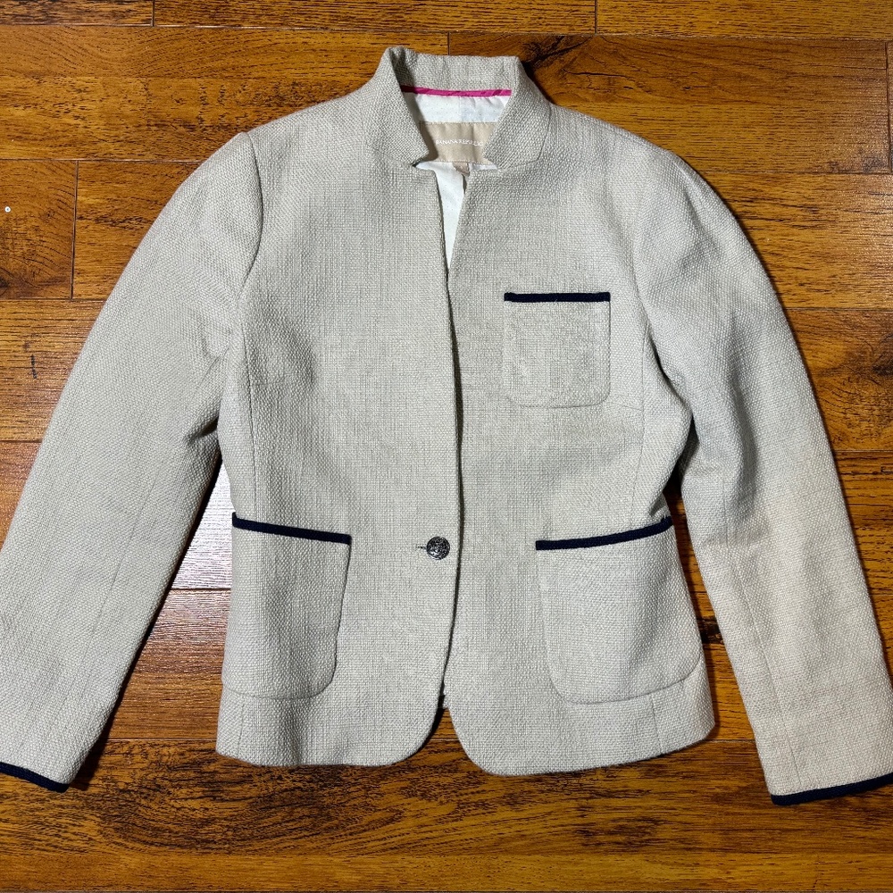 Banana Republic Textured Tweed Jacket Blazer - Beige & Navy Blue - Size 4